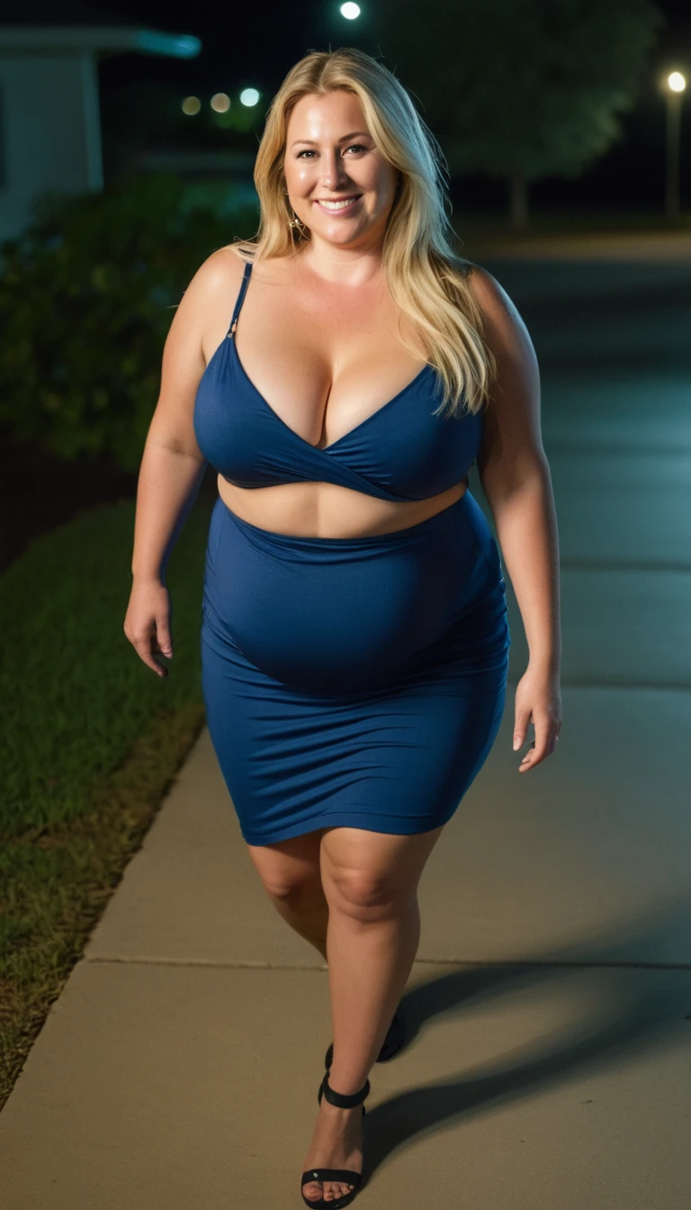 Chubby woman, 40 years old white Caucasian woman walking outside, night time, Mississippi, Gulfport, summer night, long straight blonde hair, cleavage, dressed for a fancy , big hips, thick thighs, casual clothed, big breasts, Full Body Shot, From Above View, High Angle View, selfie, smile, selfie point of view