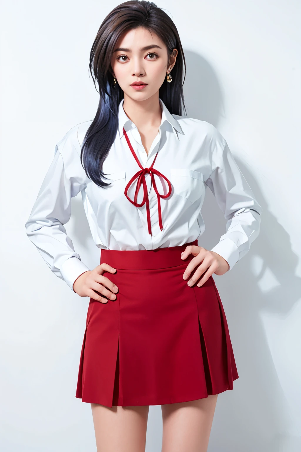 long hair, blue hair color, shy,amber eye color,tall,look up at the viewer,hands on crotch, a full-body shot, long legs, largr breast,earrings,mini skirt,masterpiece, best quality, standing,Simple White Background, mio serizawa, long sleeves,red ribbon,white shirt, vest, beauty face