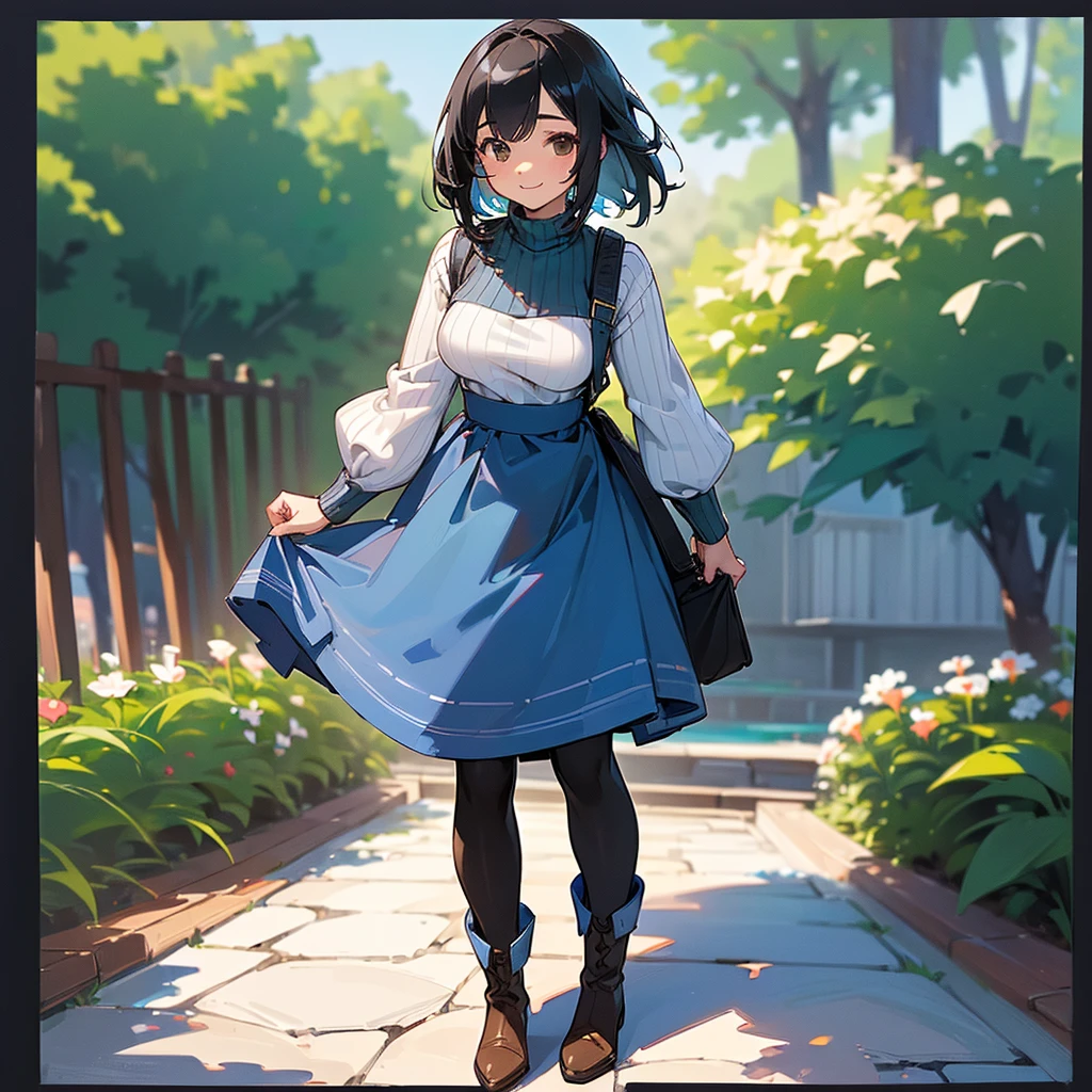 (high quality, High resolution, Very detailed, reality:1.37), Peaceful atmosphere, (Outdoor, garden), girl standing alone, (my breasts are big.), Beautiful details, Cute Smile, (Black bob hair), Ribbed sweater, Blue Skirt, Black tights, Brown boots.