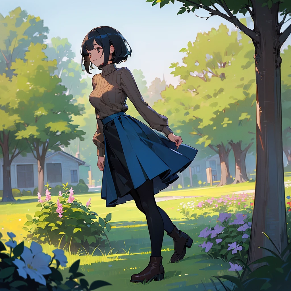 (high quality, High resolution, Very detailed, reality:1.37), Peaceful atmosphere, (Outdoor, garden), Teenage girl standing alone, (my breasts are big.), Beautiful details, Cute Smile, (Black bob hair), Ribbed sweater, Blue Skirt, Black tights, Brown boots.