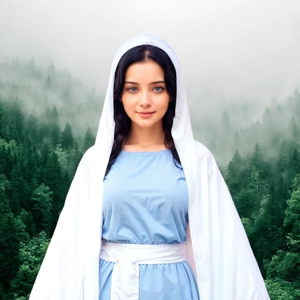 Beautiful woman with light blue eyes wearing a blue tunic with wide, long sleeves adjusted at the waist by a white sash, She is praying in the clouds 