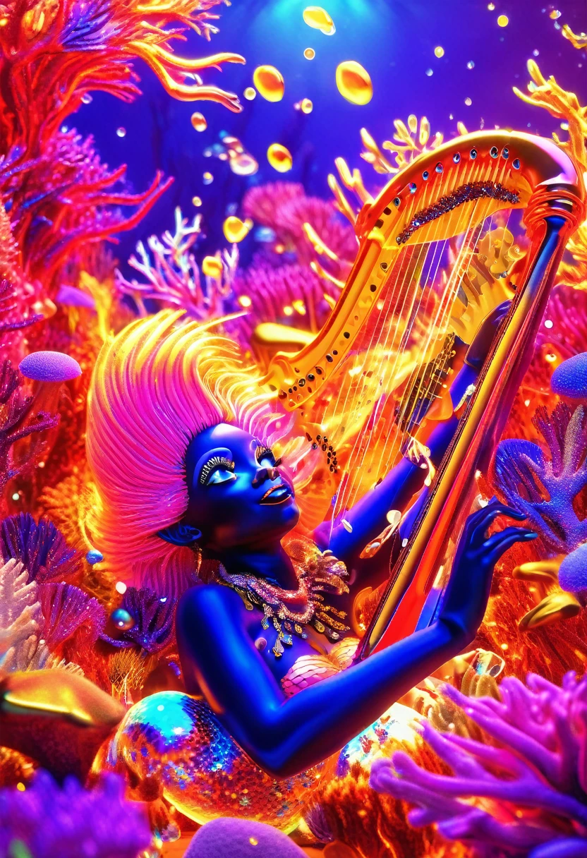 A luminescent 3D render of a black mermaid underwater playing the harp, reclining amidst a kaleidoscopic of coral reefs and seashells, jelly fish, starfish, fish with multiple colours shimmering with an otherworldly glow, like a celestial omen. The image bursts with vibrant, exaggerated hues, reminiscent of Pixar's fantastical realms, illuminated by a dramatic ring light that underscores the surreal quality of this intergalactic oasis.