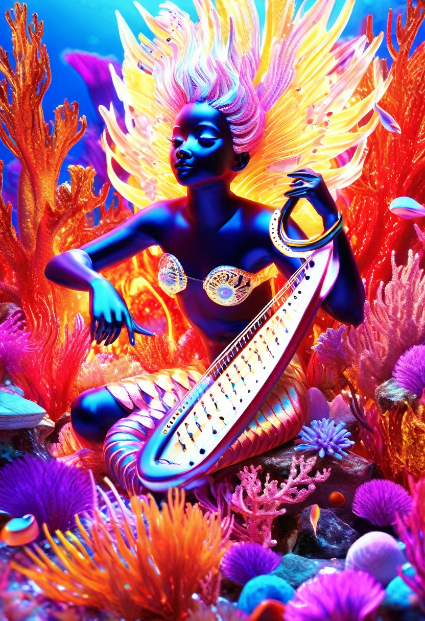 A luminescent 3D render of a black mermaid underwater playing the harp, reclining amidst a kaleidoscopic of coral reefs and seashells, jelly fish, starfish, fish with multiple colours shimmering with an otherworldly glow, like a celestial omen. The image bursts with vibrant, exaggerated hues, reminiscent of Pixar's fantastical realms, illuminated by a dramatic ring light that underscores the surreal quality of this intergalactic oasis.