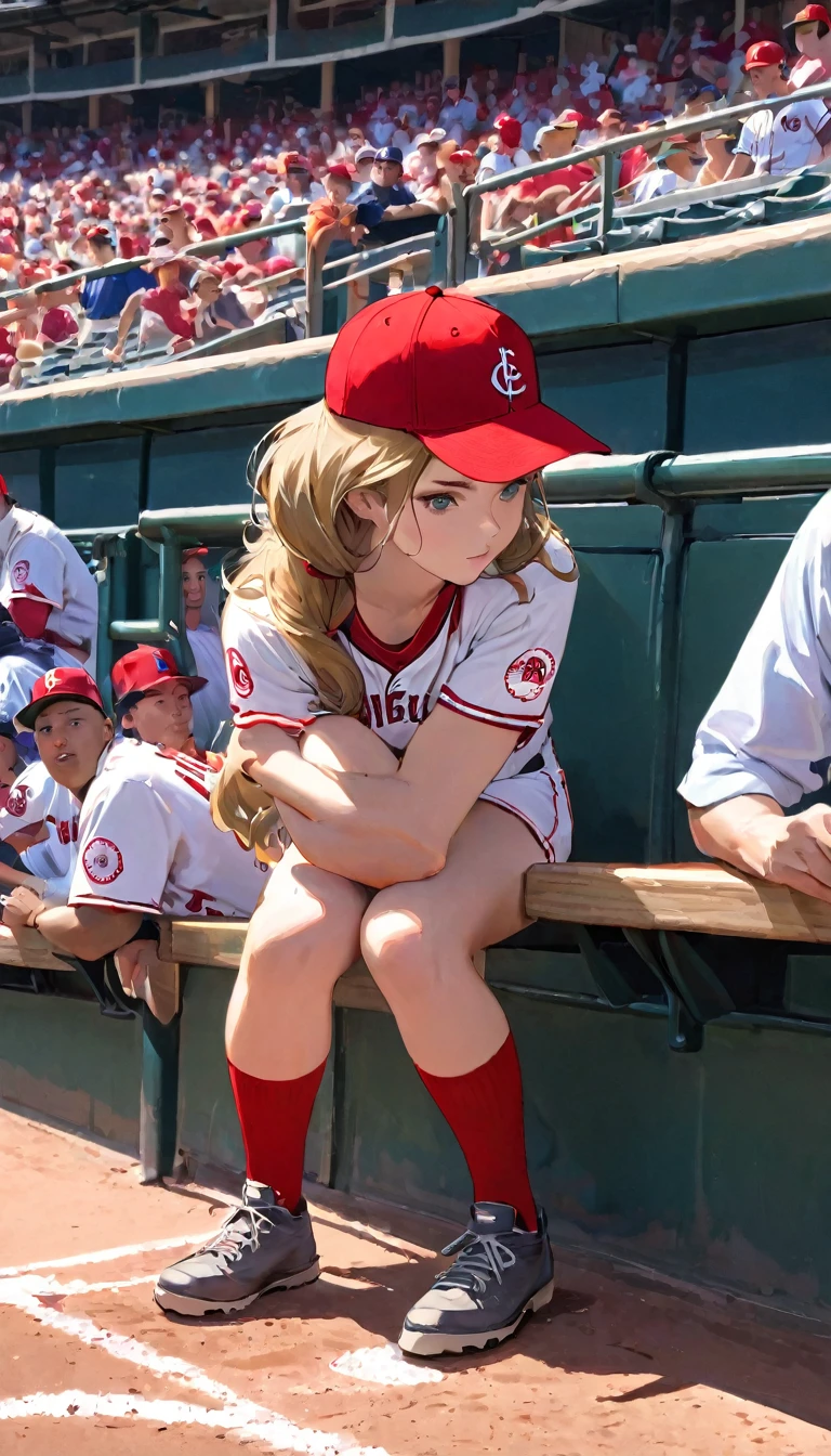 RAWphotograph、Highest quality、ultra High resolution、High resolution、masterpiece:1.3、Seats filled with spectators、Large crowd、A woman sitting on a bench at an MLB baseball stadium, A trout is sticking out of his pants, looking sad, sad look, Sit comfortably in a chair, Sitting in a chair, 流出したphotograph, photograph提供: AP, sad!, Female Baseball Players, Kneel!!, Wearing a red rear-facing hat, メディアphotograph, photograph, actress, Jay Naylor, photograph&quot;, Lindsey Look, Red)、Ball girl&#39;s fine play、The crowd erupts in excitement at the incredible play on a foul ball！！、Fine play from the supporting cast、pretty girl、major league baseball、An excited audience