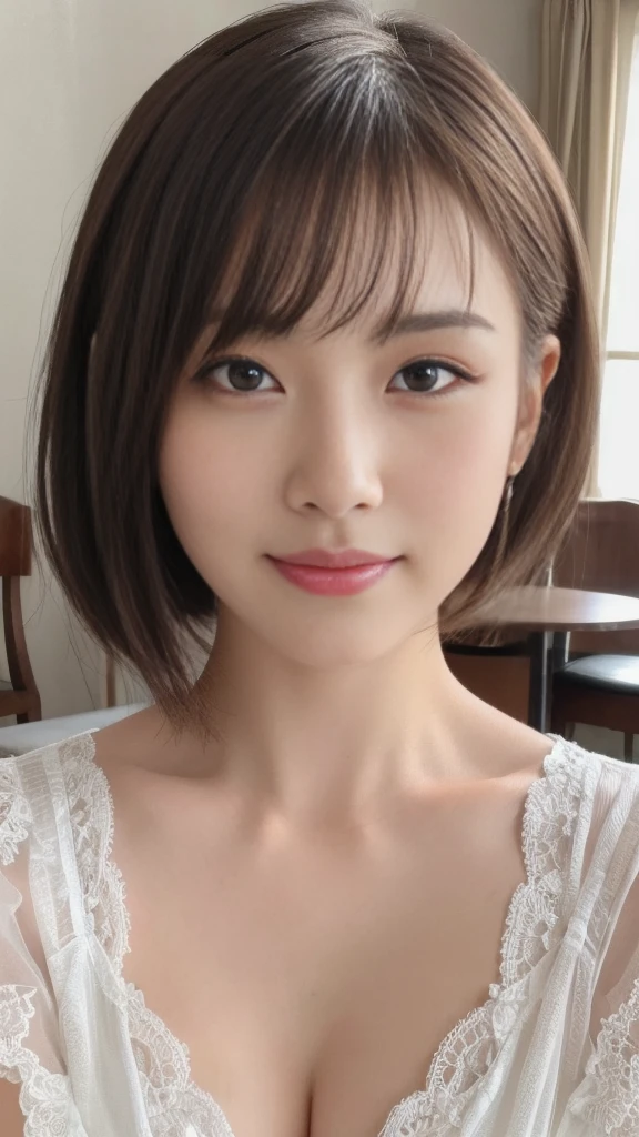 1 ultra young Cute japanese girl,short silver hair,porcelain white skin,slender figure,lacy camisole,sitting in Italian cafe,drinking black tea,beautiful detailed eyes,long eyelashes,charming dropped eyes,lovely smiling lips,extremely detailed face without makeup,(best quality,4k,8k,highres,masterpiece:1.2),ultra-detailed,(realistic,photorealistic,photo-realistic:1.37),HDR,UHD,studio lighting,ultra-fine painting,sharp focus,physically-based rendering,extreme detail description,professional,vivid colors,bokeh,portraits,soft pastel colors,natural lighting,cinematic composition