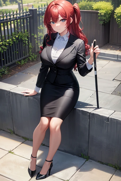 masterpiece, best quality, 1girl, beautiful business woman with wavy hair, dark red hair, ponytail hair, large breasts, slim body, exposed muscle, abs, black blazer and pink blouse, black midi pencil skirt, sandals, cleavage, necklace, bracelet, watch, summer, beach, tree, looking at viewer, full body, blush, smile, hand on own hip,