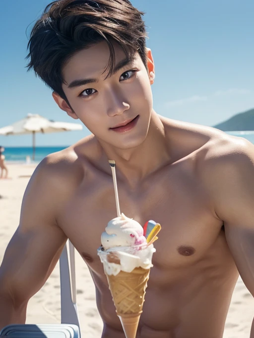 a naked man, beach、swimwear, Pop design、smile、Ice cream trolley attendant、Holding an ice cream in one hand、shirtless , realistic handsome Korean face , modest muscles , masterpiece、A high resolution、Hyperrealism、detailed face、独奏、a men、glowing skin、(ASİAN)、(young、ager)、Handsome、detailed background