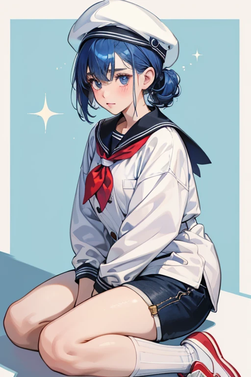she is fair skinned with pale pink blushing cheeks and basic black eyes. Her hair is a very bright frosted blue color with curvy bangs that frame her face and a single curl that reaches her left eye, along with a small cowlick-like piece of hair in the center of her head. On her head, she wears a white sailors cap with a single blue line on it.
she wears a red and white striped top with a neckerchief made of deep blue cloth, white shorts with golden buttons by the pocket, and deep blue sneakers with white soles and white accessories to match her socks. SPARKLE; GLITTER