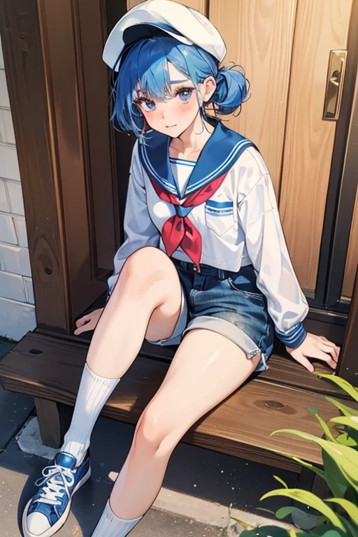 she is fair skinned with pale pink blushing cheeks and basic black eyes. Her hair is a very bright frosted blue color with curvy bangs that frame her face and a single curl that reaches her left eye, along with a small cowlick-like piece of hair in the center of her head. On her head, she wears a white sailors cap with a single blue line on it.

she wears a red and white striped top with a neckerchief made of deep blue cloth, white shorts with golden buttons by the pocket, and deep blue sneakers with white soles and white accessories to match her socks. SPARKLE; GLITTER