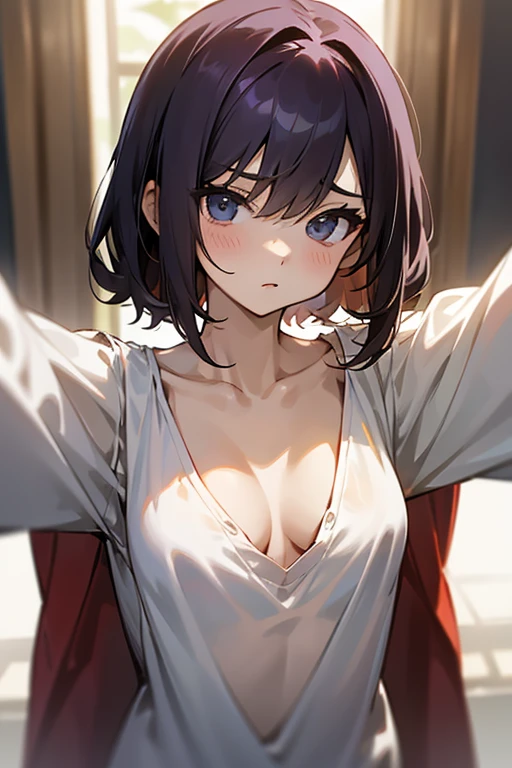 Very big shirts、loose T-Shirts、beautiful girl、Her neck is loose and her cleavage is visible、Beautiful clavicle、slender、small breasts、Small breastodest chest、raise arms、