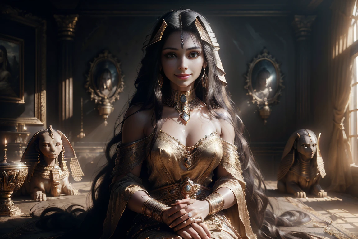 (best quality, masterpiece, ultra high resolution), (8k wallpaper, high-definition, HDR, RAW, Cinematic lighting), (Realistic), (authenticity: 1.4), ((Dark undertones)), ((epic film)), ((Sphinx), ((Sitting)), ((Long hair)), ((Jewelry around neck)), ((Subtle smile)), (((Female face))), ((pretty face)), natural illumination, sunny illumination, high contrast