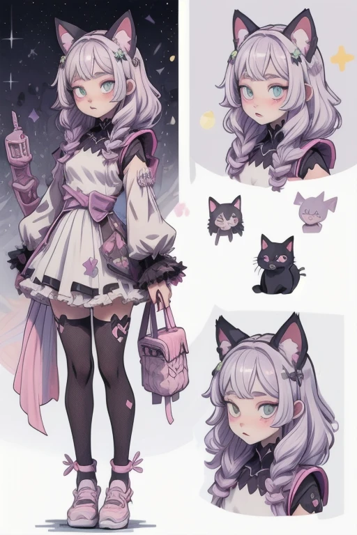 (best quality), (highly detailed), (masterpiece), (perfect lighting),
BREAK
BREAK
(1girl), goth, cat girl, cat ears, cat tail, pastel, vtuber, purple,pink, blue, white,black, white, galaxy
(CharacterSheet:1), (multiple views, full body, upper body, reference sheet:1)