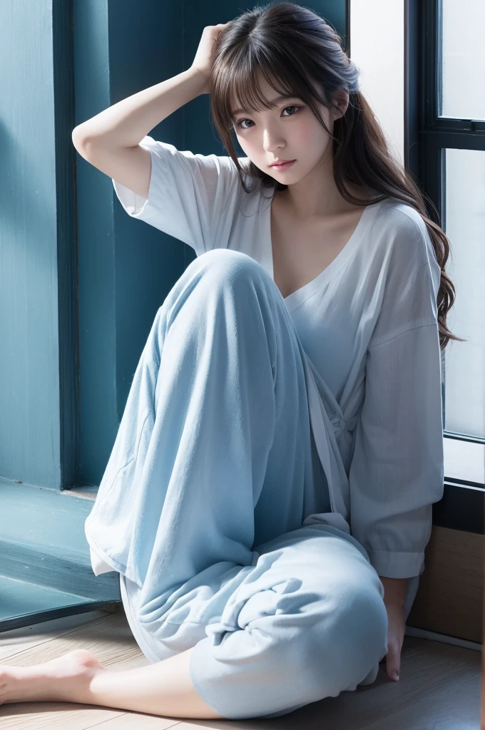 この画像の詳細promptは以下の通りです：

**prompt:**

Depicts a beautiful Japanese girl character sitting by the window。She has medium-long wavy hair、Has clean white skin。The background is a modern room illuminated with blue lighting.、The light from the window is soft.。The character is wearing a thin white camisole and pants.、There is a relaxed atmosphere。Posing with one hand on head、Place your other hand on the floor、It&#39;s a natural posture, like gazing out the window.。The technique of illustration、The depiction of light and shadow is realistic.、Costume textureや肌の滑らかさが細かく表現されています。In portrait mode、Ultra-realistic live-action finish。

**Specific elements:**

- Beautiful Japanese girl character - Medium long wavy hair and white skin - Modern interior with blue lighting - Soft light from the window - Thin white camisole and pants - One hand on head、Natural pose with other hand on the floor - Realistic depiction of light and shadow、Costume texture、肌の滑らかさの細かい表現
- 縦画面の構図
- 超リアルな実写系の描写

このpromptに基づいて、I will create an illustration that brings out the beauty of the characters and the atmosphere of the blue lighting in the background to the fullest.。