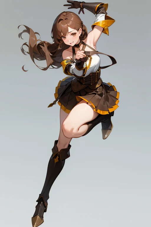 ((1 masterpiece, high resolution, best quality, 4k quality)), beautiful imagen, 1 girl, solo, adventurers, medium breasts, golden almond eyes, long brown hair, drill hair, hip bones, collarbone, feet, toes, skirt, school skirt, blouse, school blouse, ((leather armor)), leather gloves, asymmetrical gloves, leather boots, asymmetrical footwear, heeled boots, ((single shoulder)), single shoulder pad, chest harness, tongue, tongue out, open legs, full body, standing, dance pose, simple background, gray background,