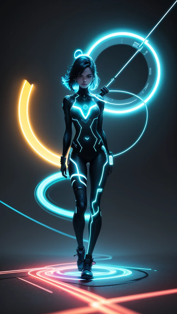 Design an abstract representation of electricity with a glowing neon loop encircling it. The electricity should have dynamic, jagged light patterns, and the loop should give it a sleek, high-tech appearance