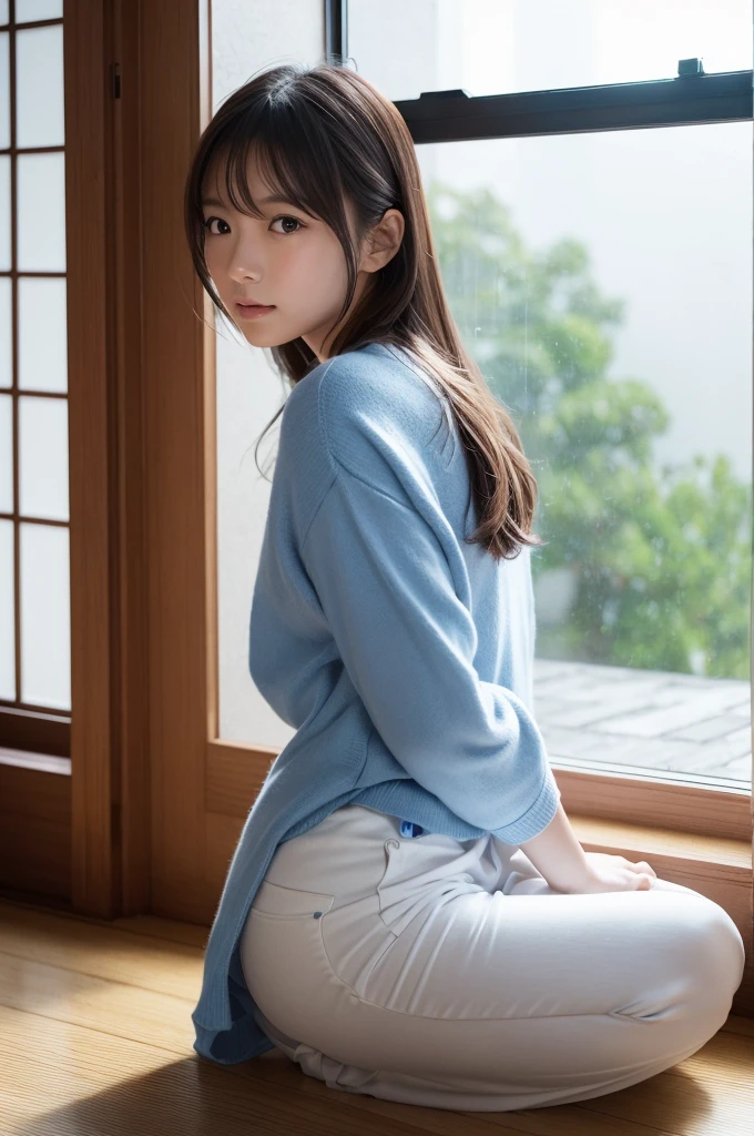 この画像の詳細promptは以下の通りです:
**prompt:**
Depicts a beautiful Japanese girl character sitting by the window。She has medium-long wavy hair、Has clean white skin。The background is a modern room illuminated with blue lighting.、The light from the window is soft.。The character is wearing a thin white camisole and pants.、There is a relaxed atmosphere。Posing with one hand on head、Place your other hand on the floor、It's a natural posture, like gazing out the window.。The technique of illustration、The depiction of light and shadow is realistic.、Costume textureや肌の滑らかさが細かく表現されています。In portrait mode、Ultra-realistic live-action finish。
**Specific elements:**
- Beautiful Japanese girl character - Medium long wavy hair and white skin - Modern interior with blue lighting - Soft light from the window - Thin white camisole and pants - One hand on head、Natural pose with other hand on the floor - Realistic depiction of light and shadow、Costume texture、肌の滑らかさの細かい表現
- 縦画面の構図
- 超リアルな実写系の描写
このpromptに基づいて、I will create an illustration that brings out the beauty of the characters and the atmosphere of the blue lighting in the background to the fullest.。