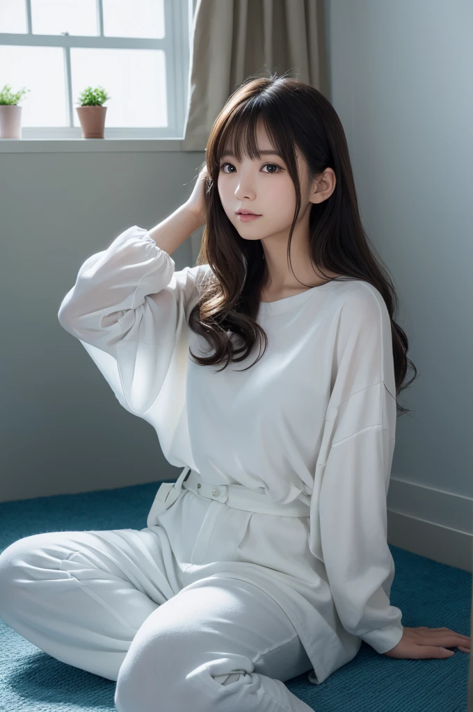 この画像の詳細promptは以下の通りです：

**prompt:**

Depicts a beautiful Japanese girl character sitting by the window。She has medium-long wavy hair、Has clean white skin。The background is a modern room illuminated with blue lighting.、The light from the window is soft.。The character is wearing a thin white camisole and pants.、There is a relaxed atmosphere。Posing with one hand on head、Place your other hand on the floor、It&#39;s a natural posture, like gazing out the window.。The technique of illustration、The depiction of light and shadow is realistic.、Costume textureや肌の滑らかさが細かく表現されています。In portrait mode、Ultra-realistic live-action finish。

**Specific elements:**

- Beautiful Japanese girl character - Medium long wavy hair and white skin - Modern interior with blue lighting - Soft light from the window - Thin white camisole and pants - One hand on head、Natural pose with other hand on the floor - Realistic depiction of light and shadow、Costume texture、肌の滑らかさの細かい表現
- 縦画面の構図
- 超リアルな実写系の描写

このpromptに基づいて、I will create an illustration that brings out the beauty of the characters and the atmosphere of the blue lighting in the background to the fullest.。