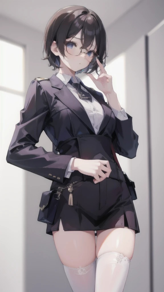 ((Best Quality)), ((Masterpiece)), (detailed),girl , short hair , high , Alone , elegant uniform , thigh high stockings , good body , by white , black gloves , green eyes , Long black cape