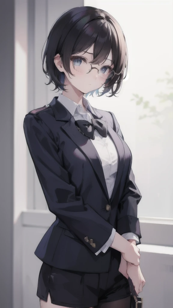 Japanese、black hair、shortcut、OL 、suit、The jacket is white、masterpiece、highest level、eye highlights、
