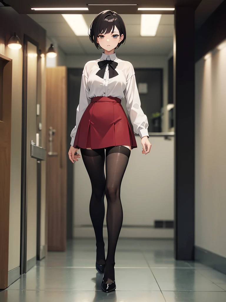 anime screenshot, 21 year old girl, shy, White shirt, wine colored skirt, black mid thigh stockings, voluptuous body, small waist, fair and flushed skin, short black hair above the shoulders, 4 pompadour hairstyles and short hair on the sides. method, full body view Someone not seen in the image is taking off his clothes.