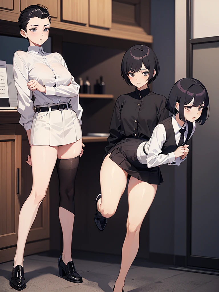 anime screenshot, 21 year old girl, shy, White shirt, wine colored skirt, black mid thigh stockings, voluptuous body, small waist, fair and flushed skin, short black hair above the shoulders, 4 pompadour hairstyles and short hair on the sides. method, full body view Someone not seen in the image is taking off his clothes.