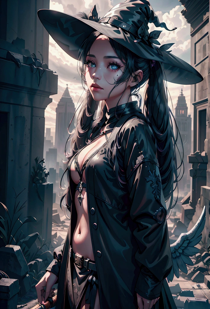 a beautiful girl wearing a witch hat with twin tails, holding a scythe, with angel wings and sci-fi clothes, in the ruins of an ancient civilization, (best quality,4k,8k,highres,masterpiece:1.2),ultra-detailed,(realistic,photorealistic,photo-realistic:1.37),fantasy,concept art,digital art,intricate details,highly detailed face,elegant expression,dramatic pose,moody lighting,cinematic composition,vibrant colors,glowing effects
