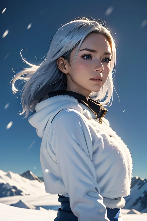 One girl, Summit, Silver hair tousled by the wind, 雪のSummitを映す目, Alpine Costume, Snowstorm all around, With ice crystals, masterpiece, Highest quality, Highlights in ArtStation