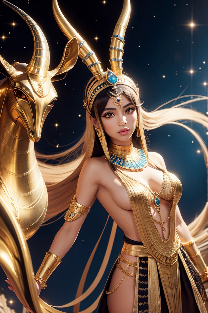 a portrait of a gazelle dressed as an Egyptian with a golden horn and an Egyptian wig , half face blocked by a jeweled Egyptian mask , music clip background, the gazelle has to be cute like an anime character