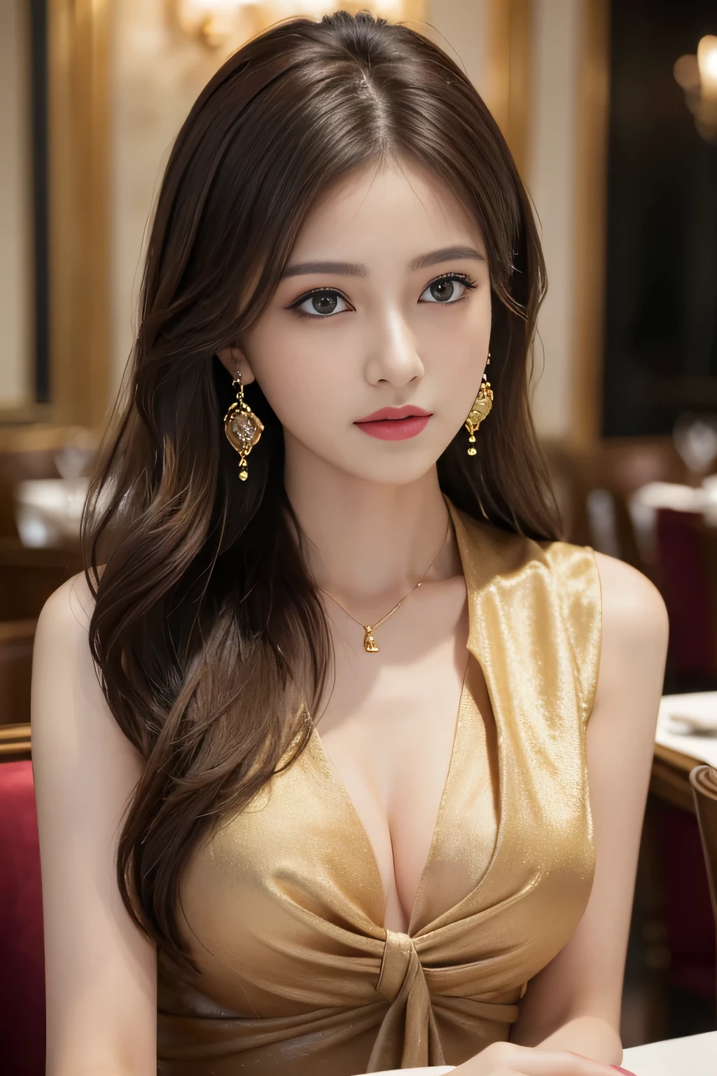 masterpiece, Highest quality, Realistic, Very detailed, Finer details, High resolution, 8k wallpaper, One beautiful woman, Wear an elegant colored silk shirt, In a great restaurant, At night, Light brown messy hair, Perfect dynamic composition, Beautiful and beautiful eyes、Big earrings、chest、Sleeveless shirt、