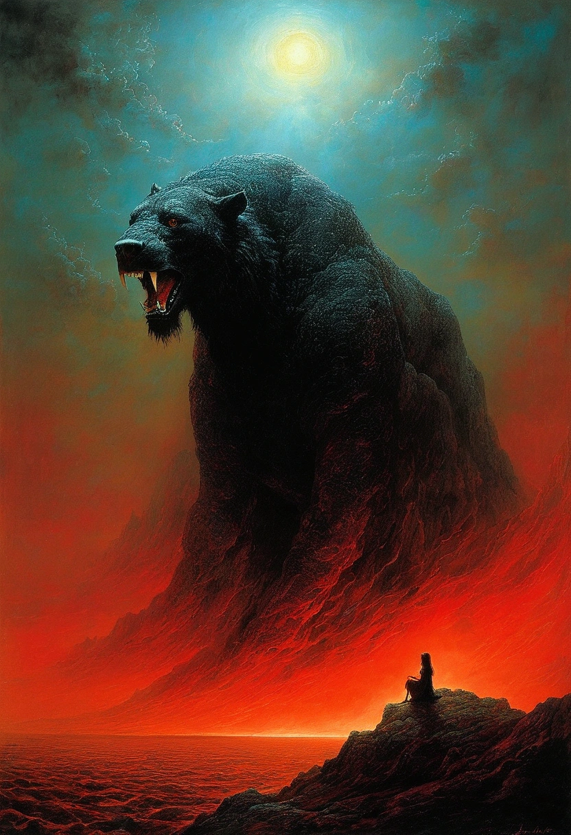Mythical black beast, author:Zdzislaw Beksiński、girl、red