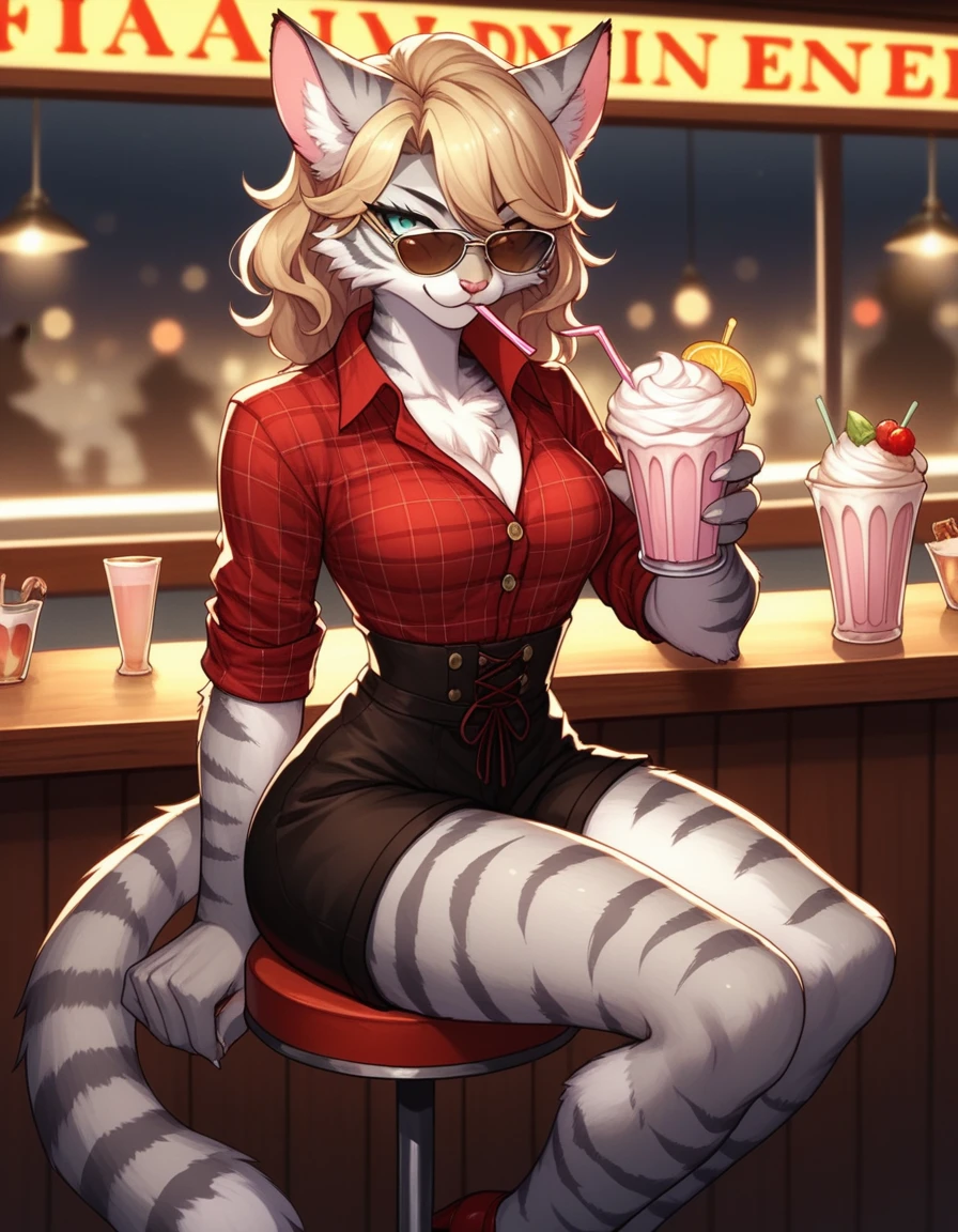 score_9,score_8_up,score_7_up, kemono style, Kat, Anthro furry feline, silver fur, grey stripes on body, aviator sunglasses covering eyes. short wavy blonde hair, red bandana tied to head, pink nose, :3, wearing red plaid tied collared shirt, black waist shorts with buttons, outdoors, in front of a 1940s diner, on hand one waist, full body shot, red pumps heels, seductive pose, sitting on a stool, drinking a milkshake,