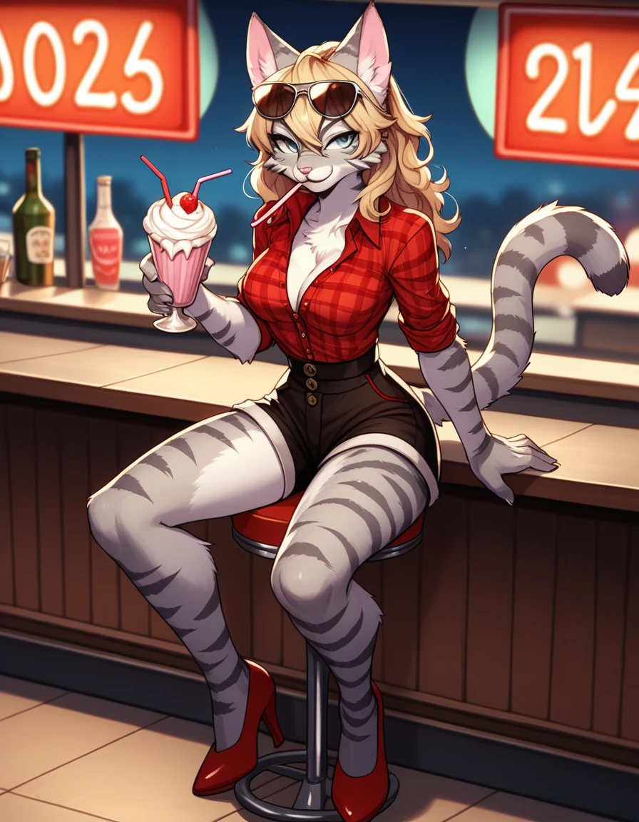 score_9,score_8_up,score_7_up, kemono style, Kat, Anthro furry feline, silver fur, grey stripes on body, aviator sunglasses covering eyes. short wavy blonde hair, red bandana tied to head, pink nose, :3, wearing red plaid tied collared shirt, black waist shorts with buttons, outdoors, in front of a 1940s diner, on hand one waist, full body shot, red pumps heels, seductive pose, sitting on a stool, drinking a milkshake,