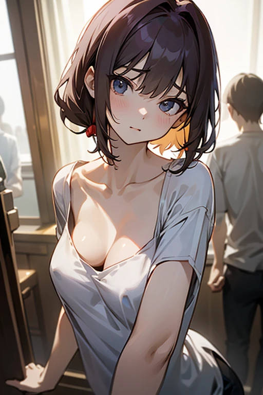 Very big shirts、loose T-Shirts、beautiful girl、Her neck is loose and her cleavage is visible、Beautiful clavicle、slender、small breasts、Small breastodest chest、raise arms、