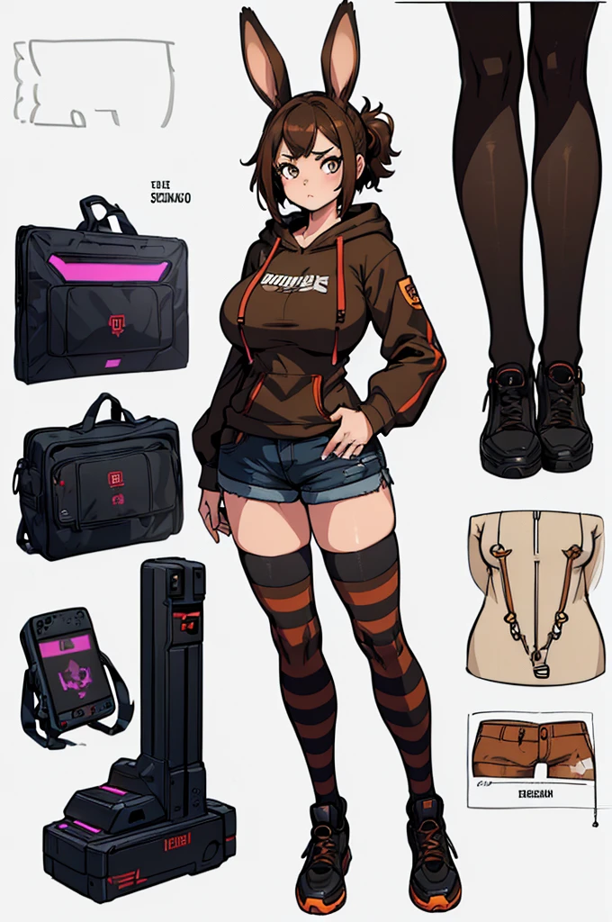 (masterpiece, best quality, high resolution, ((huge breasts))1 small woman. , very short brown hair, long sleeve hoodie with cyberpunk style rabbit ears, shorts, striped stockings, shy.(, white background, Stickers.Redmond ), ((full body standing)),