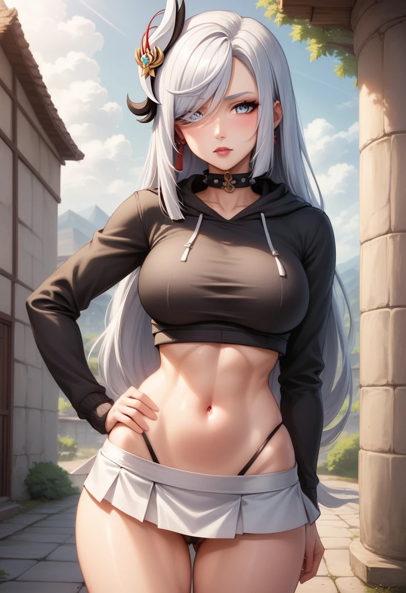 (score_9, score_8_up, score_7_up, score_6_up:1.2), (ai-generated:1.2), (Maximize Detail Slider:1.2), (Insanely Detailed:1.2), (easynegativev2:1.2), (source_anime:1.2), (very aesthetic:1.8), (add refined textures:1.8), (enhanced resolution:1.8), (Focus on textures and lighting:1.8), BREAK white hair goth female standing on street posing on castle background, castle background, castle, standing, arm up, outdoor, 1girl, white hair, long hair, white eyes, pale skin, black lips, black eyeshadow, black eyeliner, white skirt, short skirt, microskirt, thong, cameltoe, choker, spiked collar, black hoodie, long sleeves, crop top, navel, serious, emotionless, shy, shenhe from genshin impact, shenhe \(genshin_impact\), beautiful cinematic light, shallow depth of field, photographed on a Hasselblad X1D II 50c, 90mm f/2. 8 cine lens, sharp focus, cinestill 800T, (highly detailed, intricately detailed), HDR, 8k, cinematic film still from [outdoors|castle]