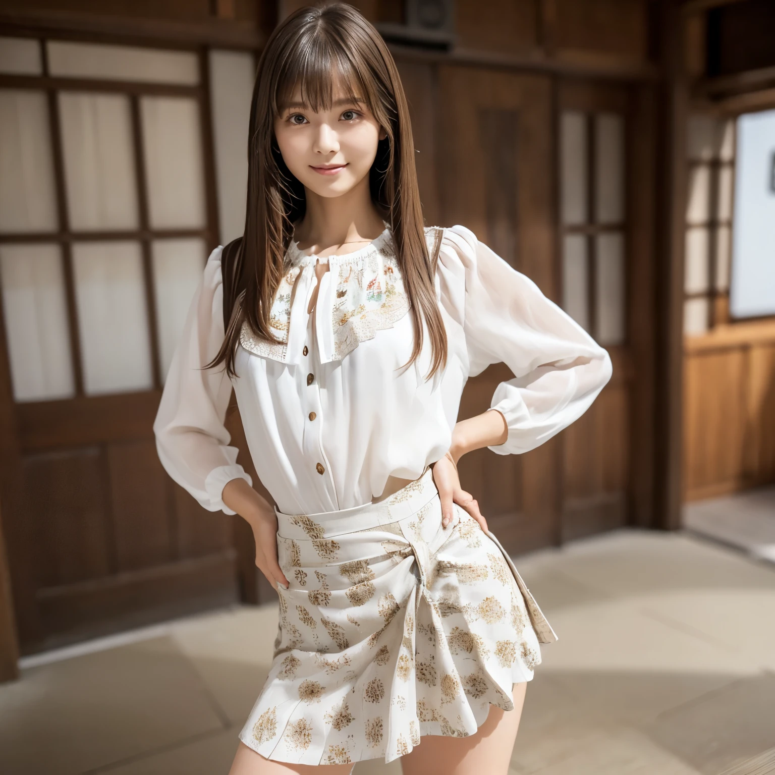 (Full Body Shot:1.1), (panorama:1.8), Cinema Lighting, ((Highest quality)), (RAW Photos, Highest quality), ( Realistic:1.4), realism, masterpiece, Very delicate and beautiful, Very detailed, 4k wallpaper, wonderful, finely, Very detailed CG unity 8k wallpaper, Very detailed, High resolution, Soft Light, Japanese, (one shot:1.9), (22 years old:1.6), (Round face:1.2), (Fat:0.8), (A neat and clean woman:1.5), Beautiful detailed woman,Famous Japanese actresses, Detailed face, finelyて美しい目, Very detailedな目と顔, Beautiful eyes and a beautifully detailed nose, Ultra HD glossy lips, (Straight Hair:1.4), Shiny Hair, Shiny Hair, Brown Hair, (bangs:1.4), Long, slender legs, Toned body, (Smiling:1.2), Natural Makeup, (Intricately decorated white blouse:1.3), (Blouse tucked into skirt:1.2), (Printed flared long skirt:1.3), (pumps:1.2), Accentuate your body lines, (Model pose:1.5), 