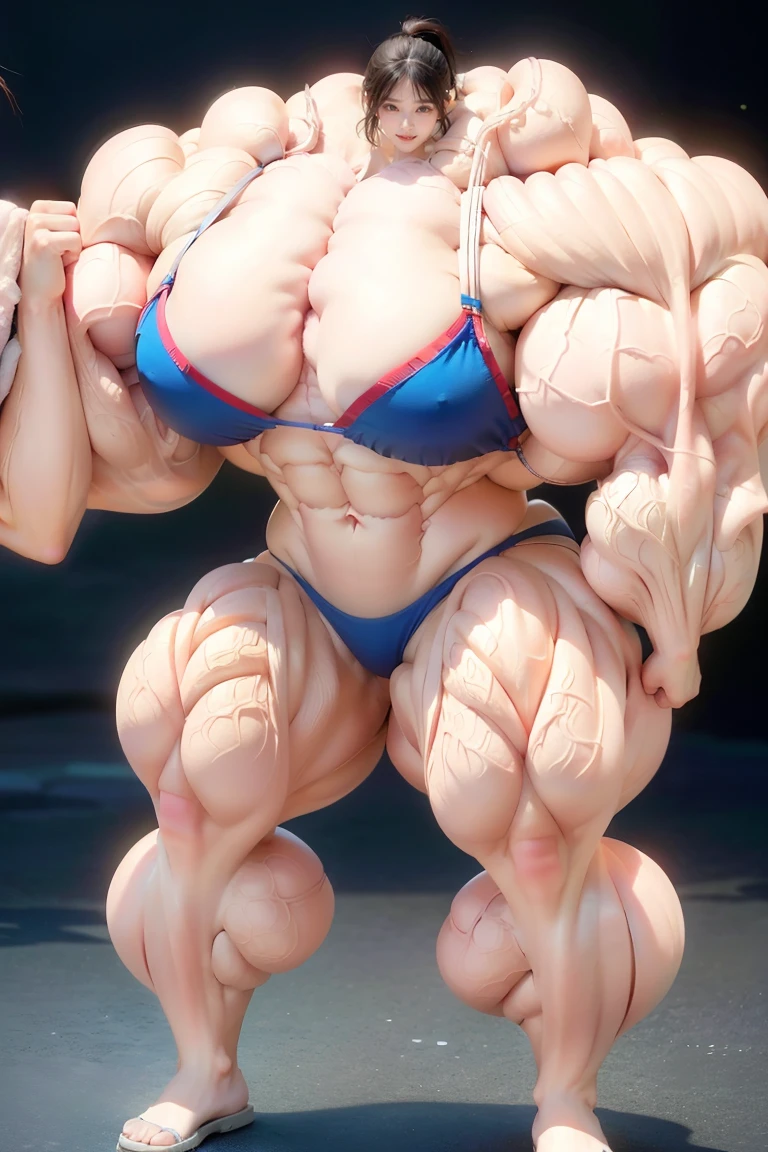 Highest quality、High resolution、Very detailed、Bright lighting、One girl、Full body photo、Black Hair、(((Short Hair)))、smile、(((tall)))、(((Big Tits)))、(((Bikini)))、(((muscular)))、(((Hyper huge Muscle:1.5)))、(((Incredibly large muscles:1.5)))、(((Extremely large muscles:1.5)))、huge、(((Huge body)))、((Long legs))、(((very thick paws)))、(((Expanding Body)))、(((Huge body)))、(((An immeasurably large body:1.2)))、(((Very small face)))、(((Unusually developed super huge breasts:1.2)))、(((Super Heavy Muscle:1.2)))、(((Hyper Heavyweight Muscle:1.2)))、(((Super huge body:1.2)))、(((Unreasonably small face)))、