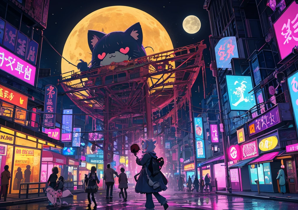 "Abandoned kawaii theme park at midnight. Pastel Ferris wheel silhouette against full moon. Flickering soft neon lights. Heart-shaped topiary overgrown with dark vines. Cute animal-shaped fountain with black water. Eerie yet adorable atmosphere."
"Post-apocalyptic cute merchandise store. Tattered pastel plushies scattered on floor. Faded kawaii posters peeling off crumbling walls. Star-themed chandelier hanging askew. Colorful slime oozing from broken displays. Where cute meets creepy."
"Neon-lit Tokyo alley with kawaii graffiti. Adorable monster street art glowing in the dark. Cat-ear shaped shadows on walls. Discarded cute punk accessories. Giant bow floating in a puddle. Kawaii cyberpunk aesthetic."
"Haunted pastel ballroom. Lace and ribbon-themed broken chandeliers. Tattered frilly curtains swaying in ghostly breeze. Cute cloud patterns on peeling wallpaper. Pastel music box playing eerie tune. Creepy cute elegance in decay."
"Dystopian kawaii city skyline. Towering cake-shaped skyscraper with broken windows. Heart-shaped blimp drifting between buildings. Colorful gardens on abandoned rooftops. Star and moon-shaped neon signs. Pastel glow over dark streets."
