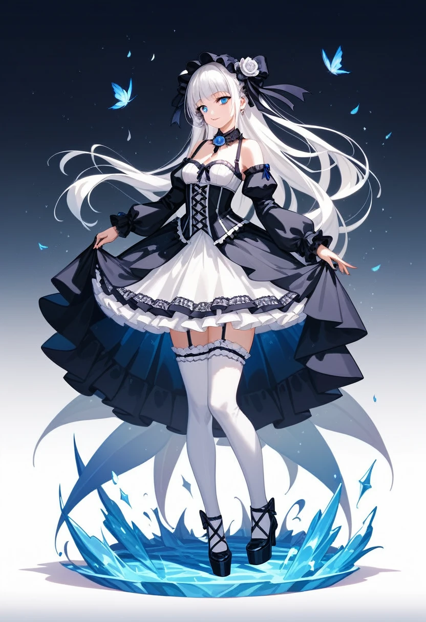 masterpiece, top-quality, masterpiece, top-quality,ighly detailed,{top-quality}, {{masterpiece}}, {hight resolution},original, {extremely delicate and beautiful},masterpiece, top-quality,ighly detailed,{top-quality},white hair, gothic lolita, full body, standing, white thighhighs,