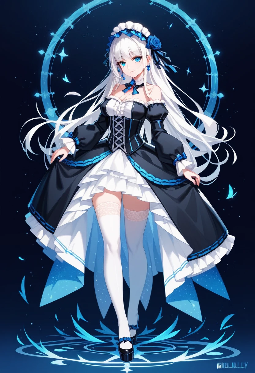 A beautiful girl, sweet, full body photo, light blue long hair, closed moon shame flower, overwhelmed by the country, incomparably beautiful, black stockings, dark blue eyes, full body portrait, close-up, dark blue crystal high heels, full body portrait, lying on the bed, dark blue gauze skirt, delicate facial features, perfect body, messy blue long hair, moaning, seduction, off-the-shoulder, crystal scene, sapphire necklace
