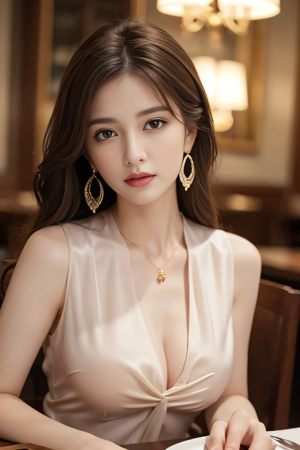 masterpiece, Highest quality, Realistic, Very detailed, Finer details, High resolution, 8k wallpaper, One beautiful woman, Wear an elegant colored silk shirt, In a great restaurant, At night, Light brown messy hair, Perfect dynamic composition, Beautiful and beautiful eyes、Big earrings、chest、Sleeveless shirt、