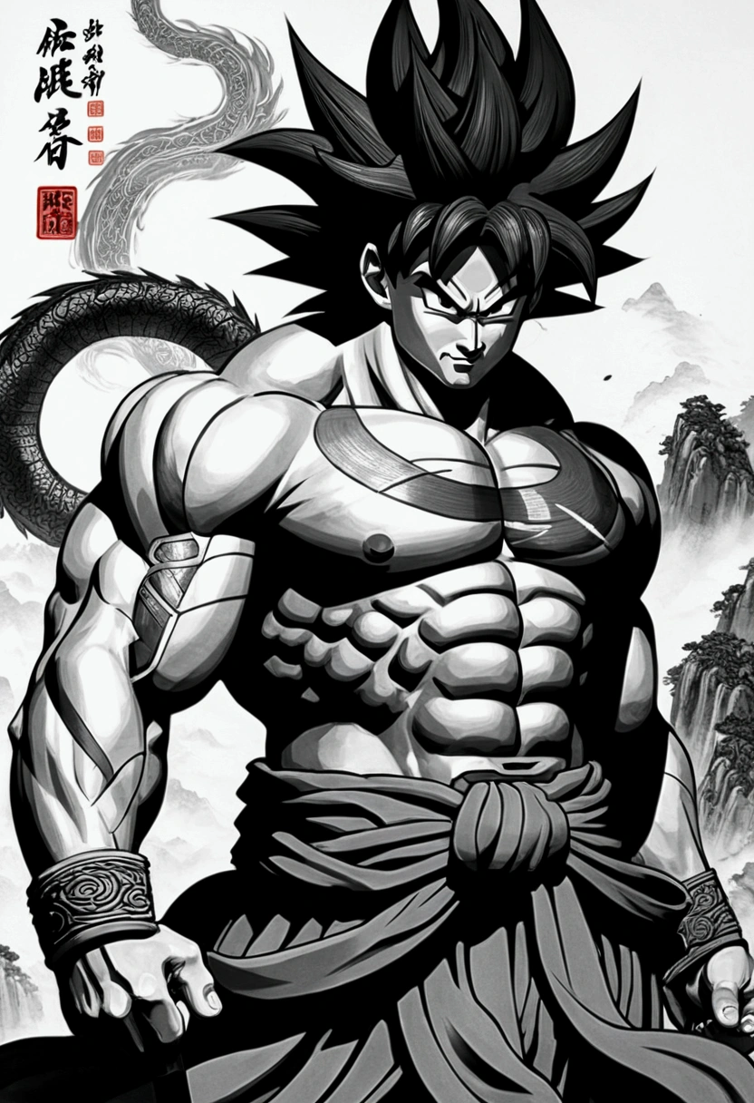 (masterpiece, best quality: 1.2), traditional Chinese ink painting, goku as god of war,  powerful