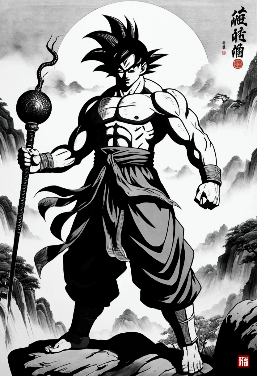 (masterpiece, best quality: 1.2), traditional Chinese ink painting, goku as god of war, powerful