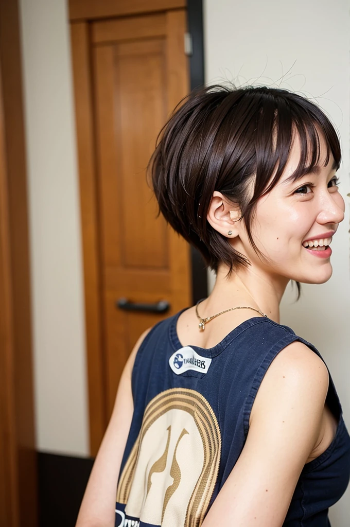 Top quality, 1 beautiful woman, super short Hair, Giddy Smile, wearing tanktop, Profile