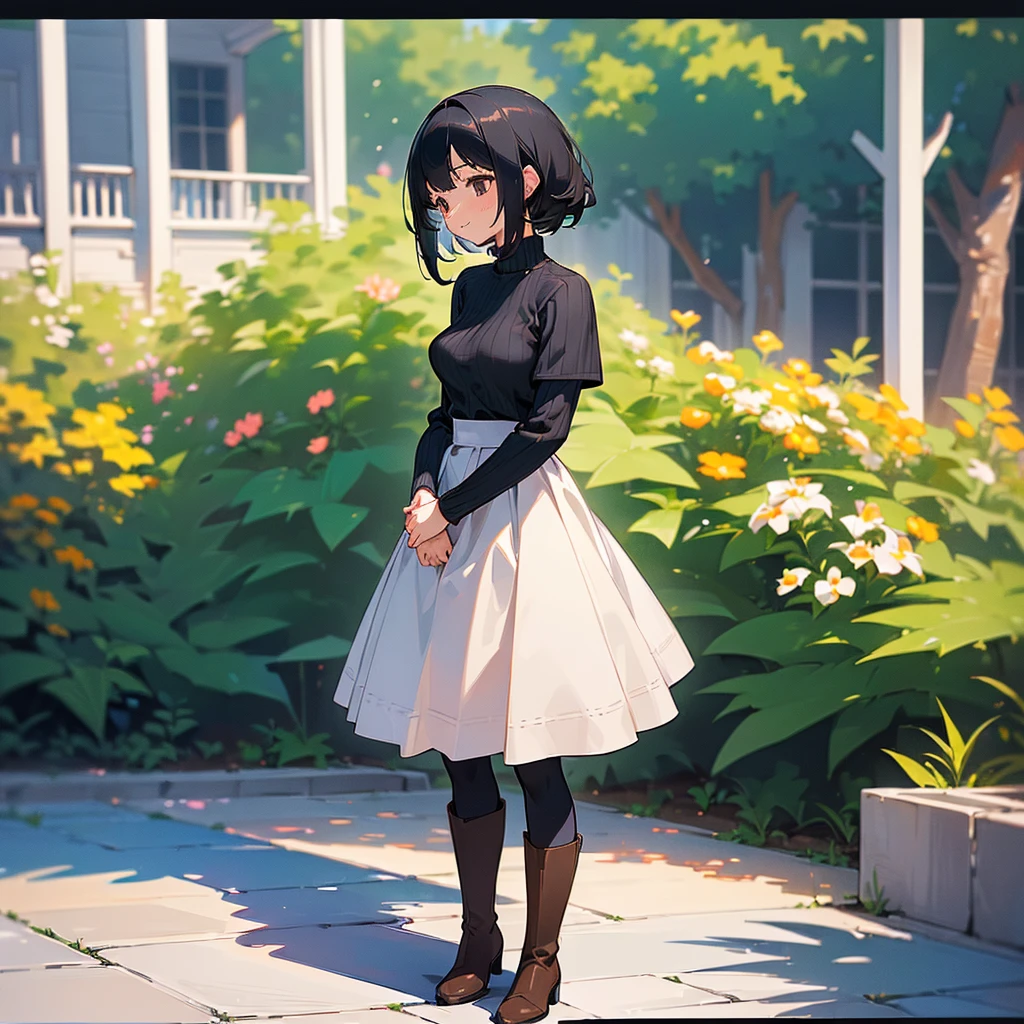 (high quality, High resolution, Very detailed, reality:1.37), Peaceful atmosphere, (Outdoor, garden), girl standing alone, (my breasts are big.), Beautiful details, Cute Smile, (Black bob hair), Ribbed sweater, Blue Skirt, Black tights, Brown boots.