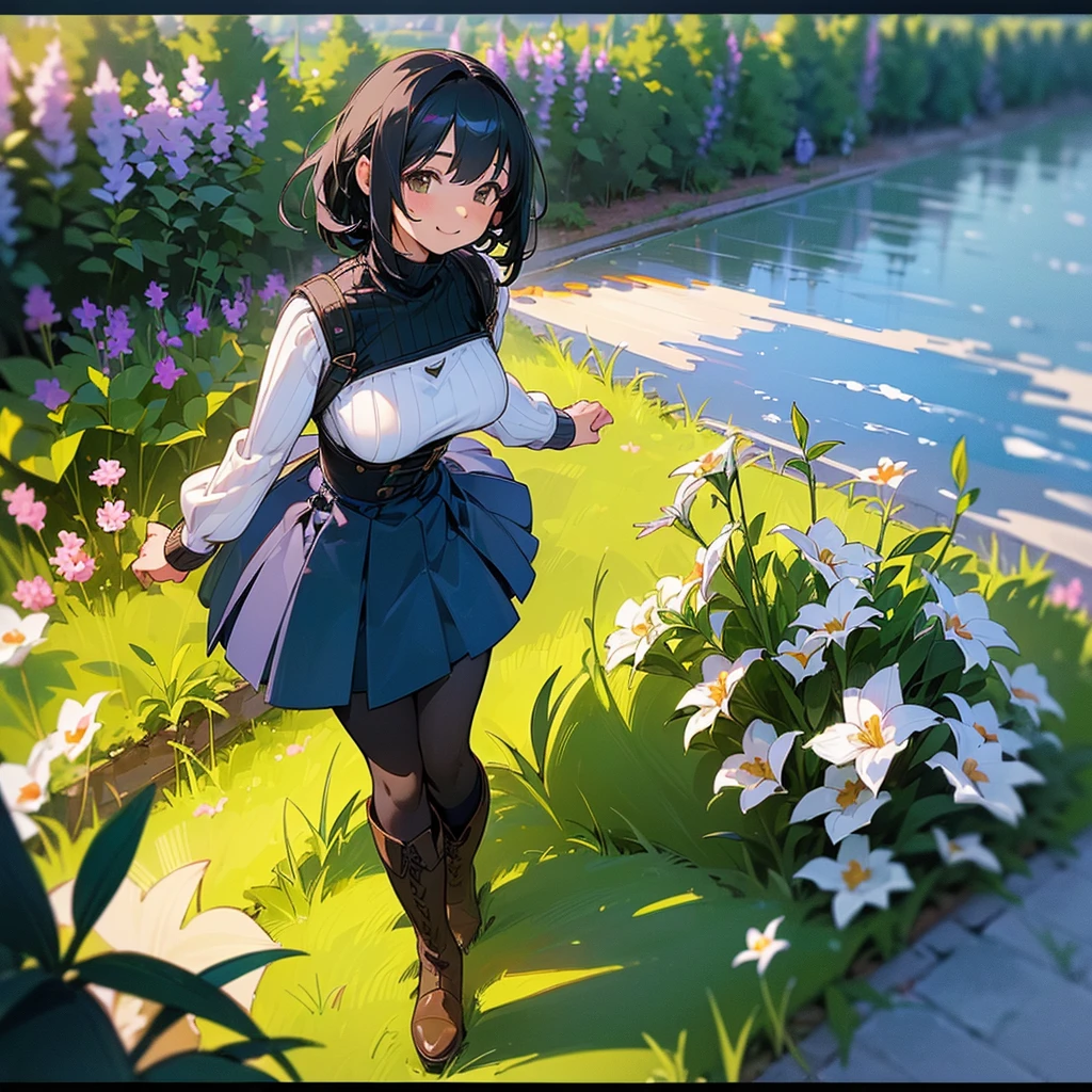 (high quality, High resolution, Very detailed, reality:1.37), Peaceful atmosphere, (Outdoor, garden), girl standing alone, (my breasts are big.), Beautiful details, Cute Smile, (Black bob hair), Ribbed sweater, Blue Skirt, Black tights, Brown boots.