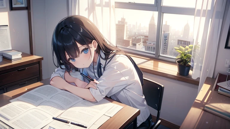 Looking out the window at the cityscape、Studying at a desk In a room where I live alone On the desk、Notebooks and pens、From the window where coffee etc. are placed、The whole room is bathed in the morning and evening sunshine.、A person reading or studying in a room illuminated with subdued lighting