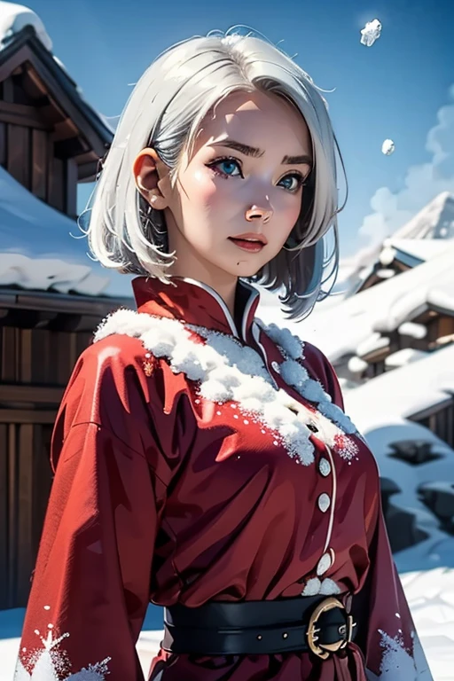 One girl, Summit, Silver hair tousled by the wind, 雪のSummitを映す目, Alpine Costume, Snowstorm all around, With ice crystals, masterpiece, Highest quality, Highlights in ArtStation