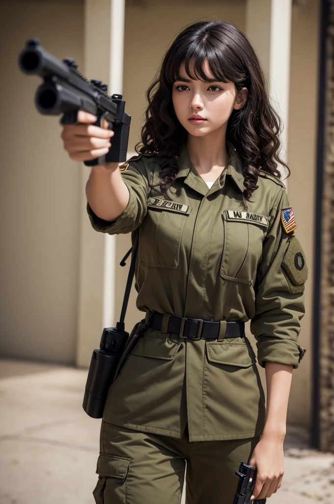 Brunette woman in army clothes with black curly hair holding a gun in her hand
