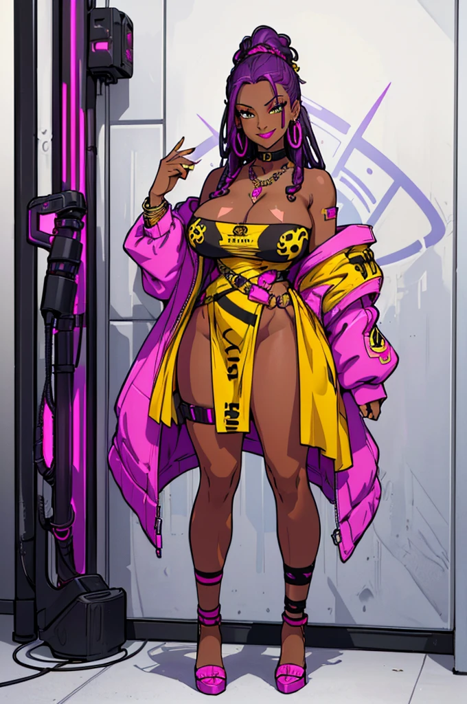 (masterpiece, best quality, high resolution, ((huge breasts))1 beautiful woman, purple hair tied in cyberpunk style dreadlocks, ((dark skin)) pink lips,, yellow dress with print cyberpunk style lepoardo, black heels earrings, bracelets, necklaces, choker, smile(,white background, Stickers.Redmond ), ((full body standing)),